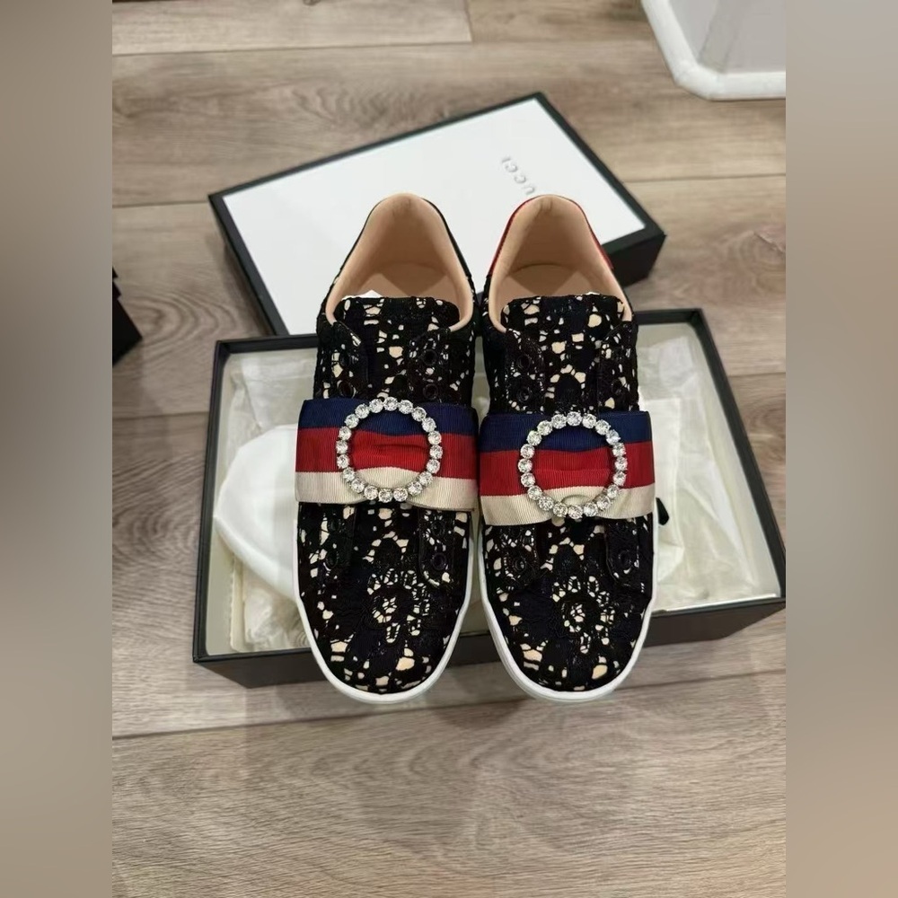 Authentic Gucci Black Lace Ace Web Crystal Embellished Sneaker Size 36.5 NIB